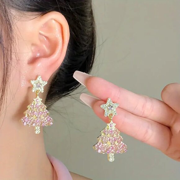 Pink Crystal Studded Christmas Tree Earrings Glam Chic Elegant NEW! 110A2 - Picture 3 of 6